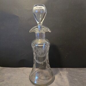 Antique Vinegar & Oil Clear Glass Cruet Etched Glass With Matching Stopper